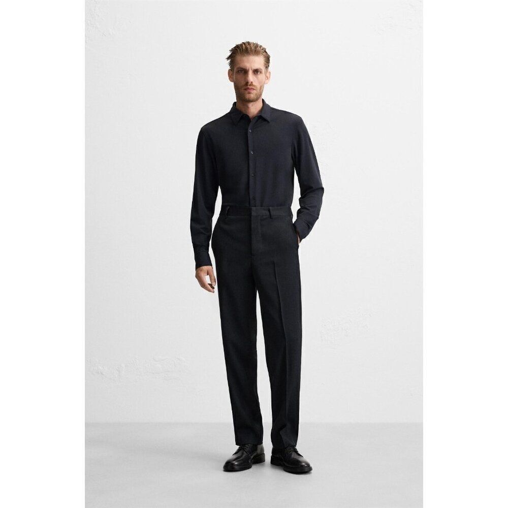 Zara Men Button Up Shirt Top L Black Long Sleeve Textured Slim 4201/570 NWT